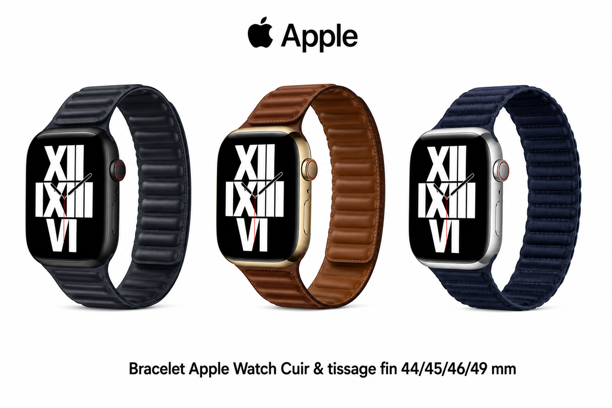 Bracelet Apple Watch Cuir & Tissage fin 44/45/46/49 mm